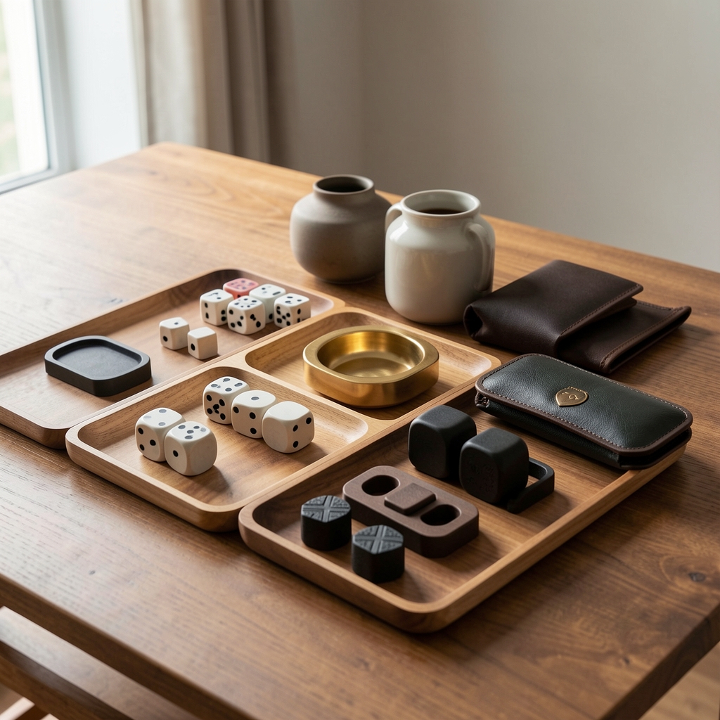 Accesorios de mesa con bandejas, dados, soportes y fundas ordenados sin personas