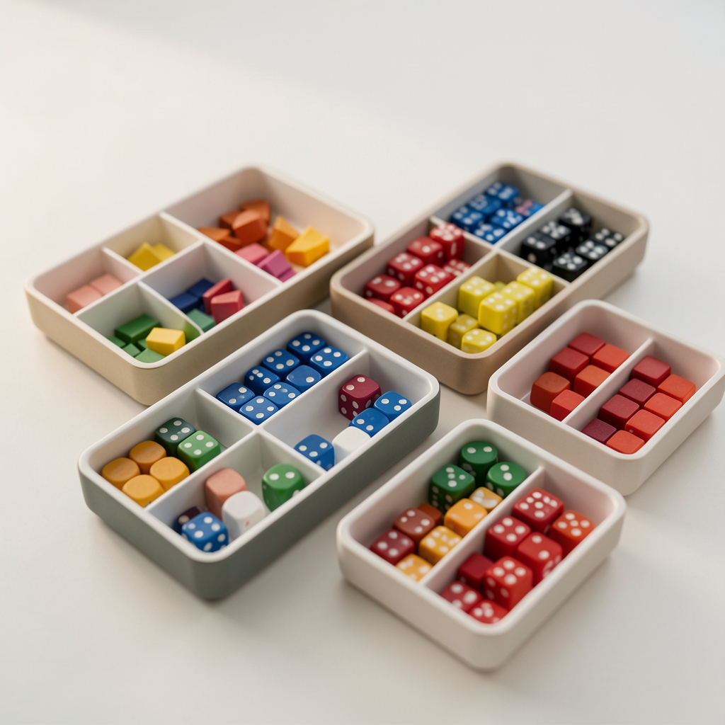 Bandejas pequeñas con divisiones para dados, cubos y fichas de varios colores
