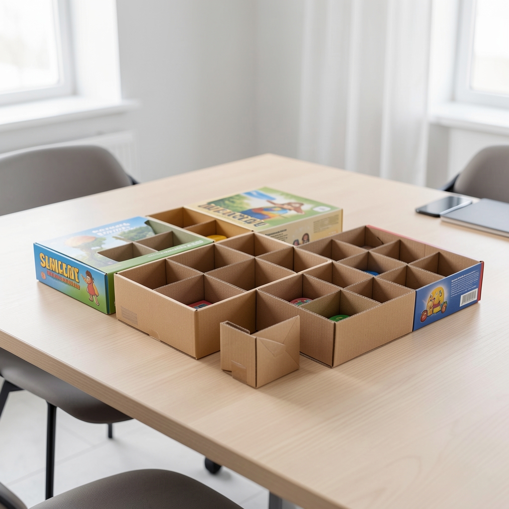 Cajas de juegos y separadores de cartón organizados sobre una mesa sin personas