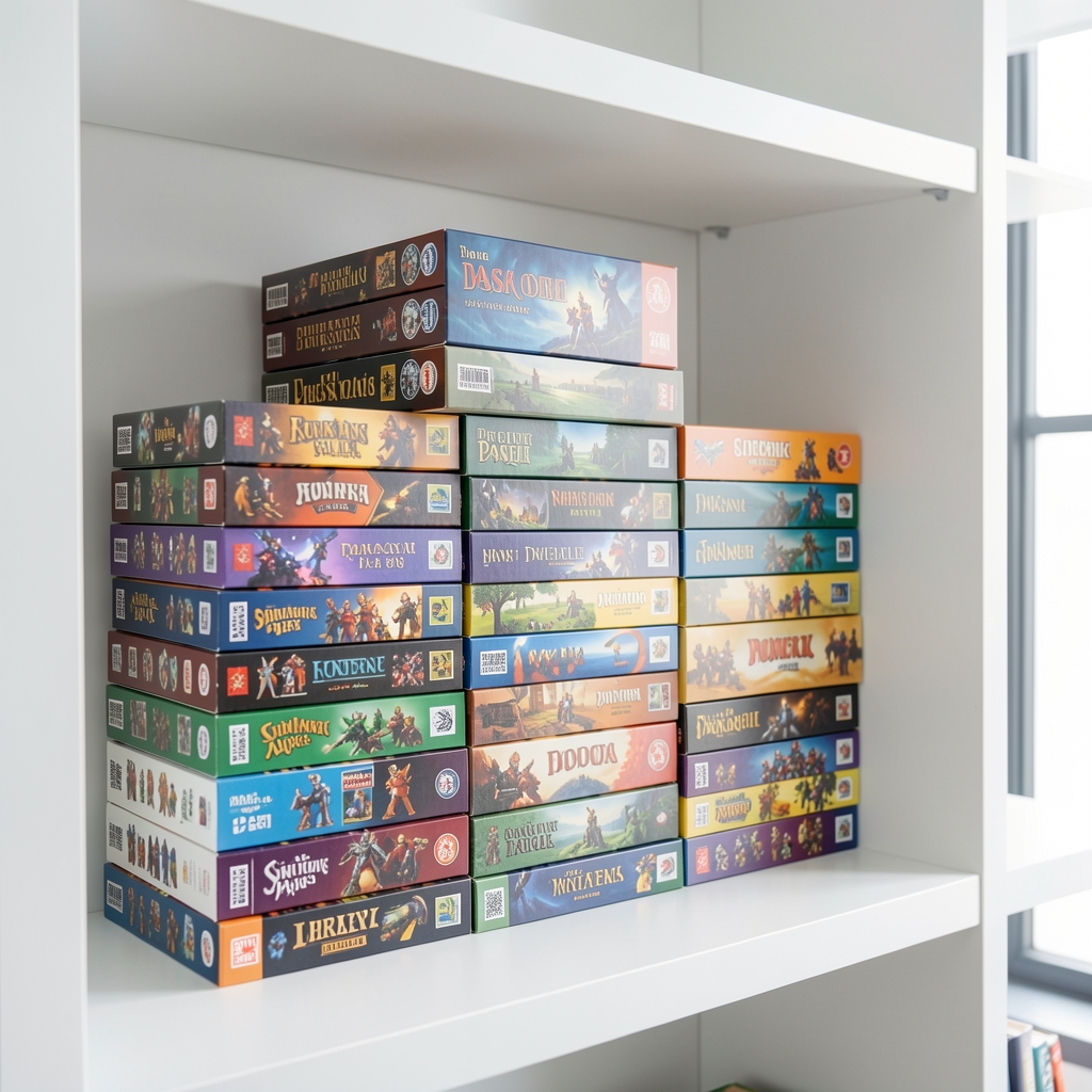 Cajas de juegos de mesa apiladas de forma estable en una estantería blanca