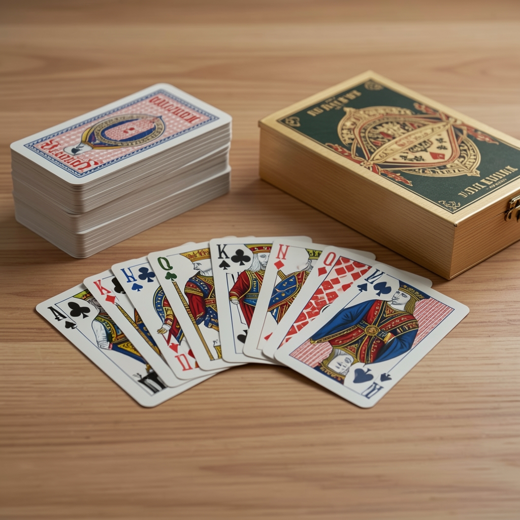 Baraja de cartas de juego extendida junto a un mazo ordenado y una caja