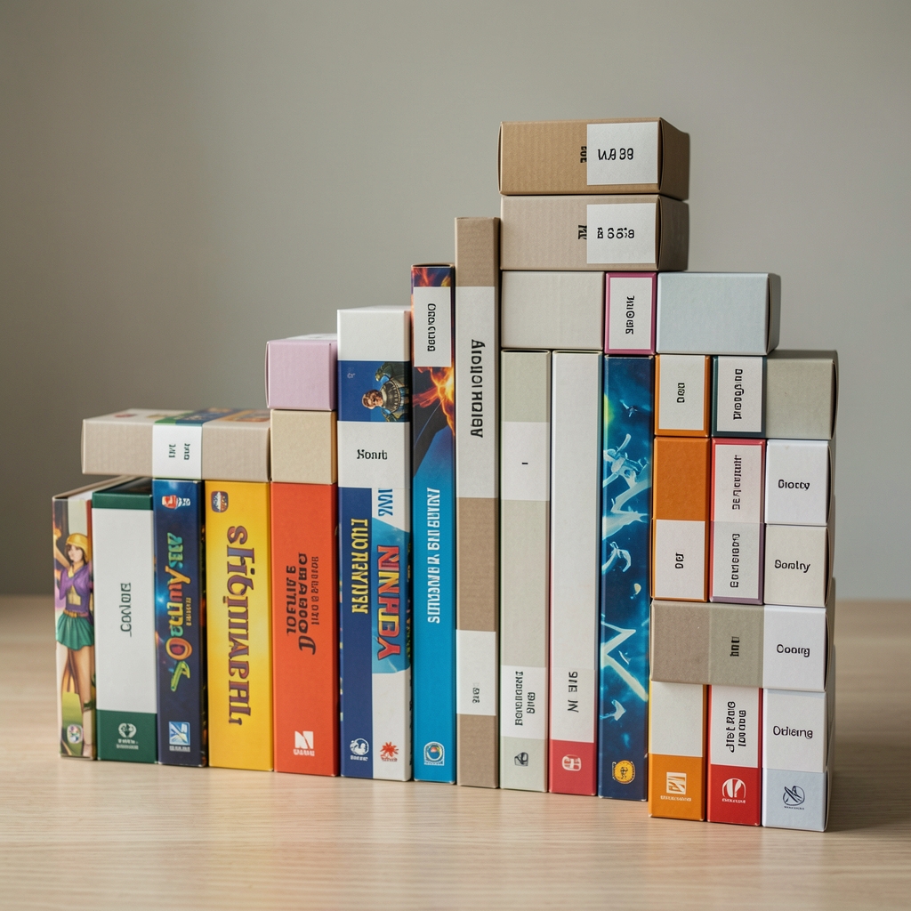 Colección de cajas de juegos ordenadas por altura con etiquetas discretas