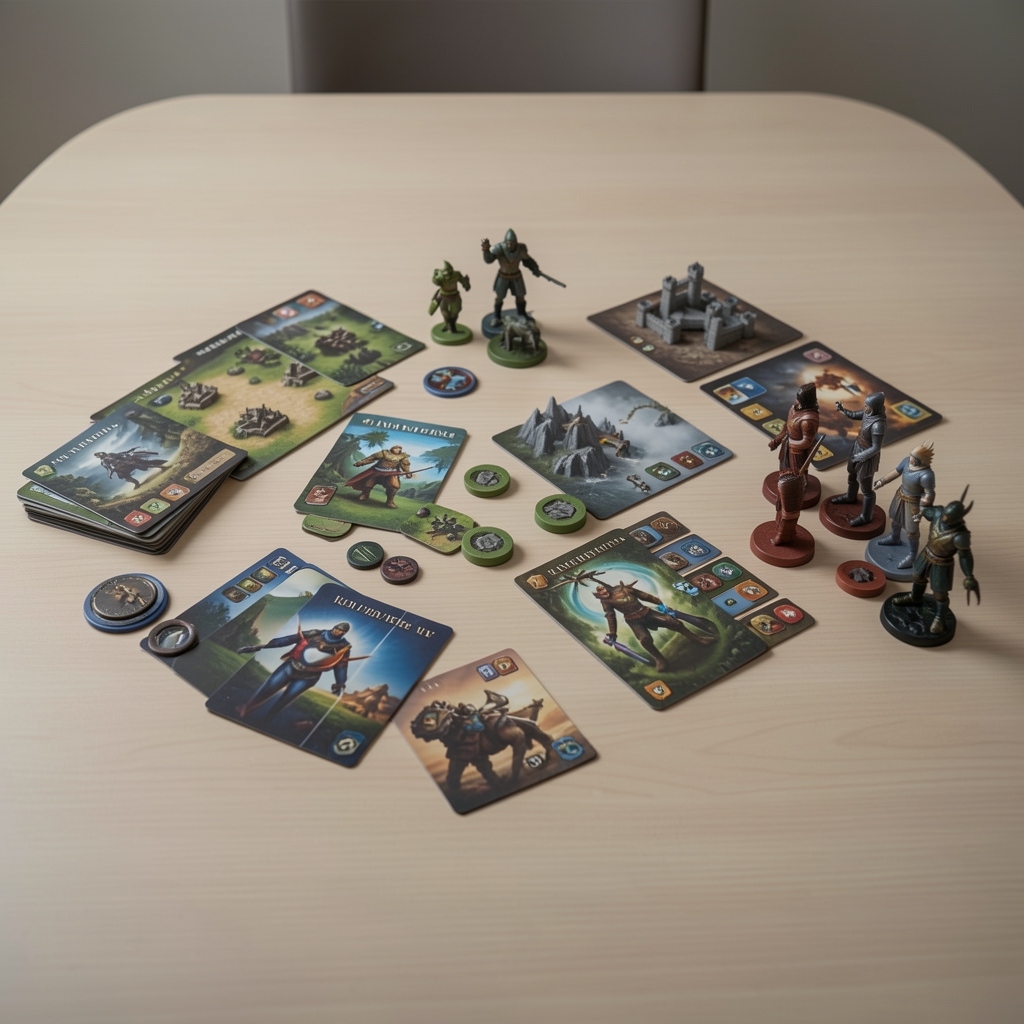 Componentes de un juego de estrategia separados en grupos sobre una mesa neutra