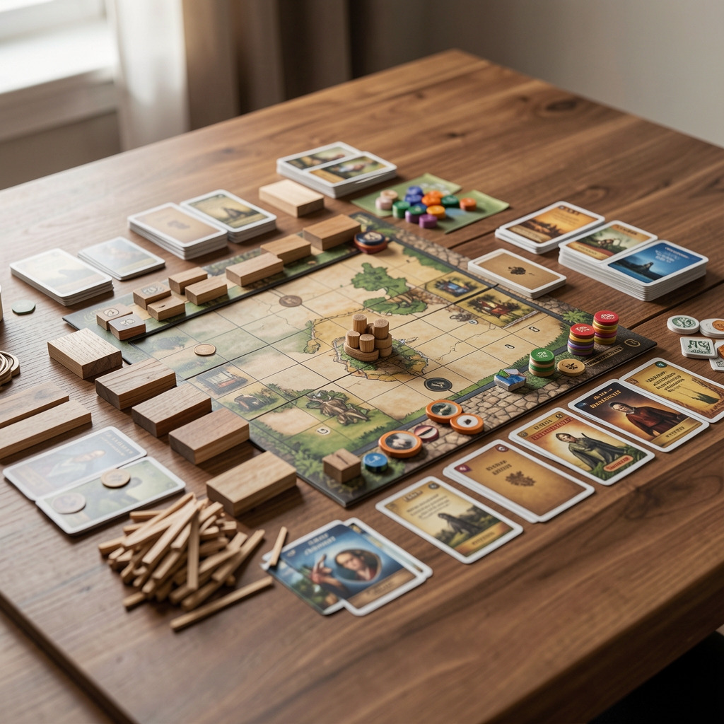 Tablero de estrategia con recursos de madera, cartas y fichas distribuidos sin personas
