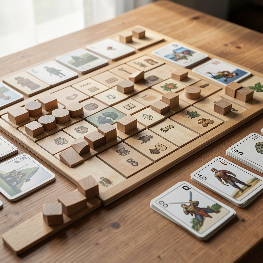 Juego de estrategia con tablero modular, fichas de madera y cartas sin personas