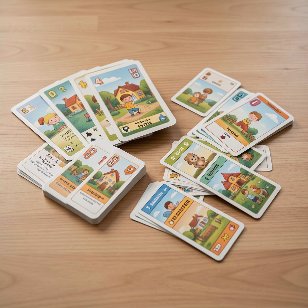 Cartas y fichas de un juego familiar acomodadas en grupos sin manos ni personas