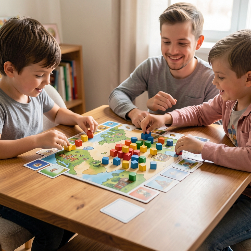 Juego familiar con tablero ilustrado, fichas de colores y cartas sobre mesa vacía