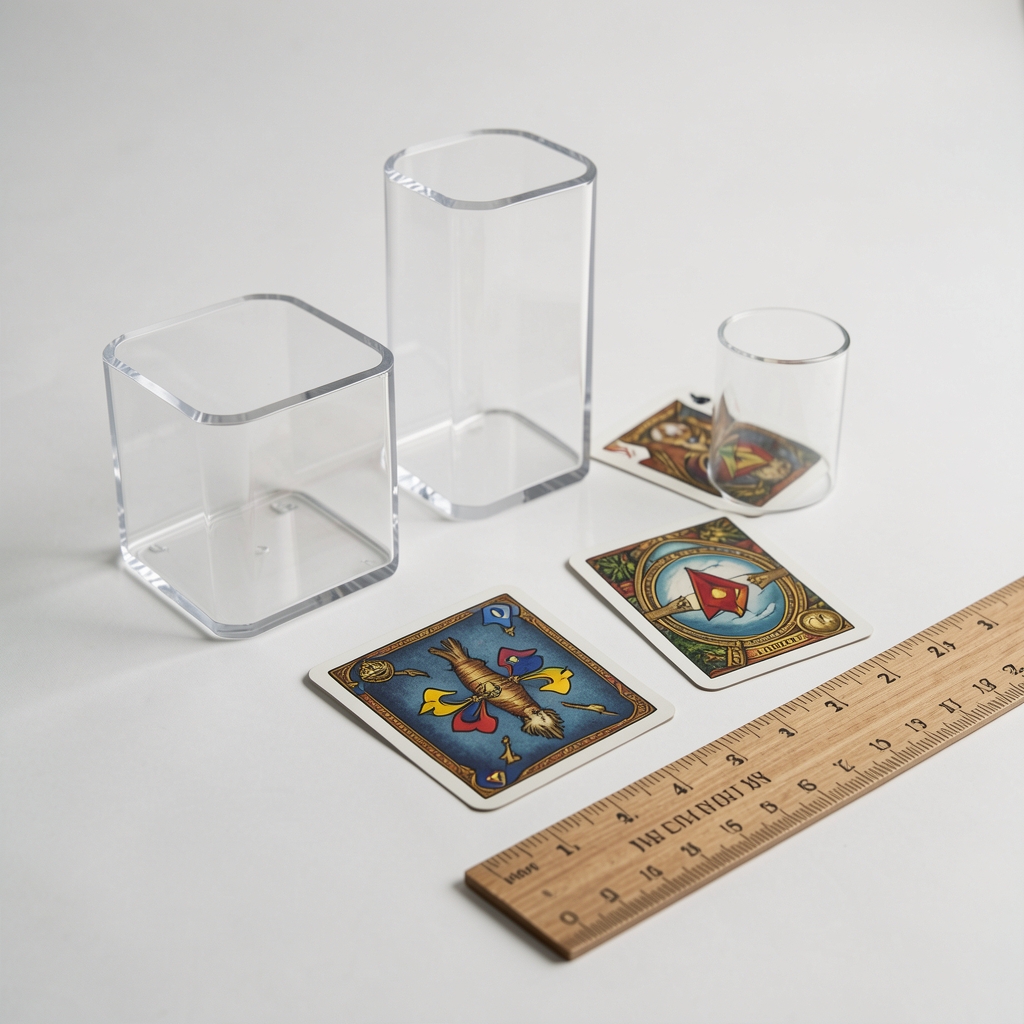 Fundas transparentes de distintos tamaños junto a cartas de juego y una regla