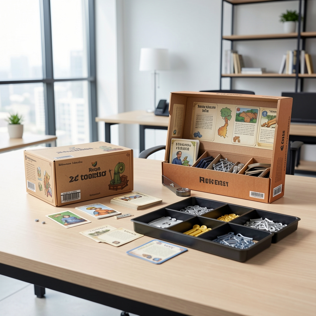 Regla junto a cartas, una caja y bandejas para medir componentes de juego