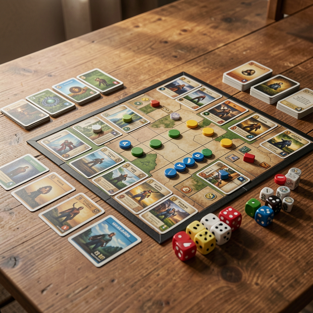 Tablero de juego de estrategia con cartas, dados y fichas ordenados sobre una mesa de madera