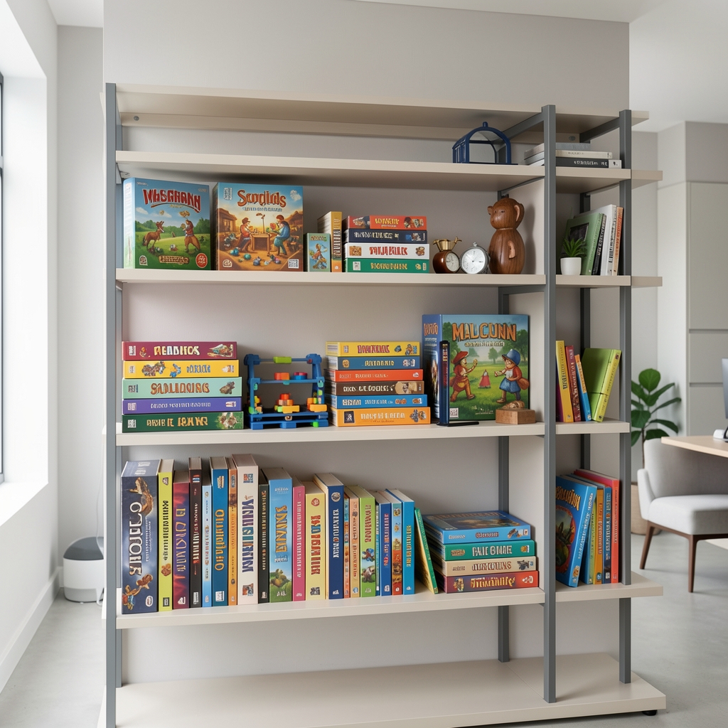 Colección de juegos de mesa y accesorios ordenada por categorías en una estantería