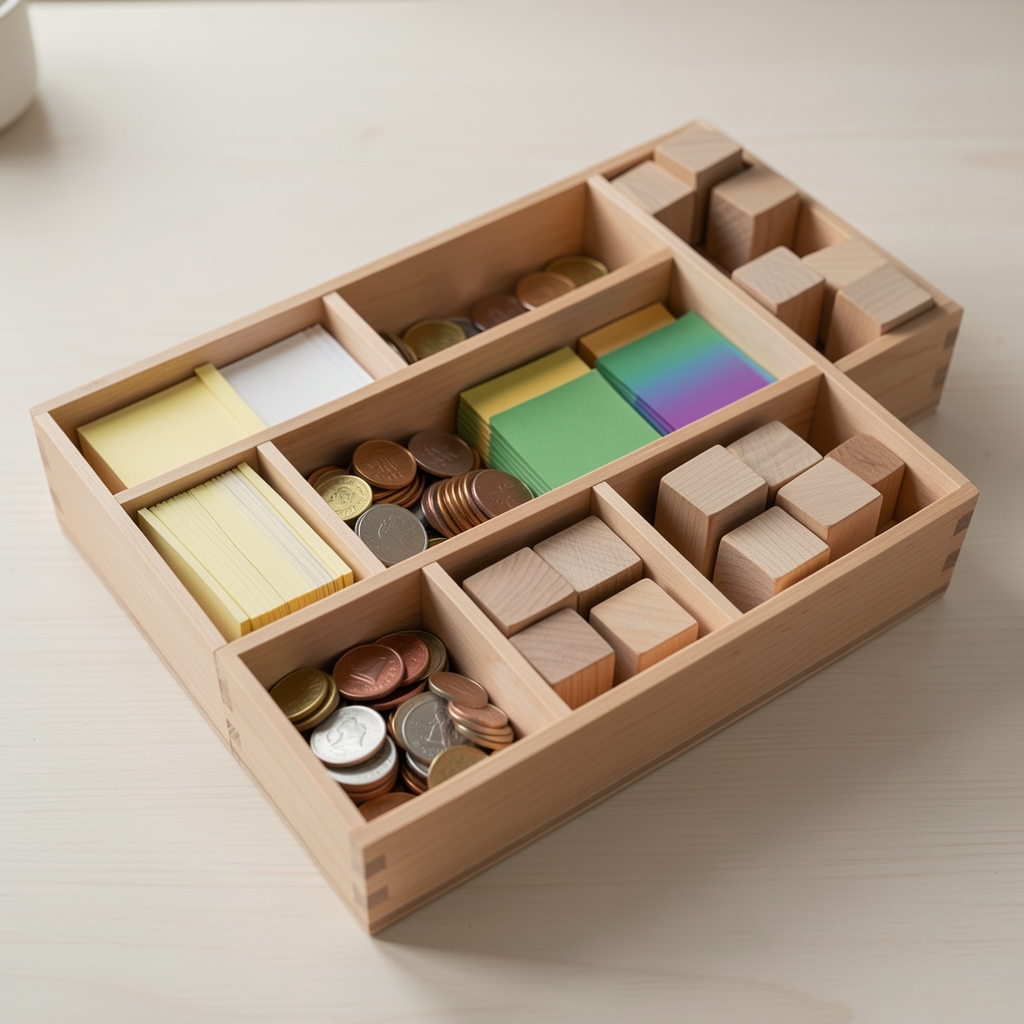 Organizador modular con compartimentos para fichas, monedas y cubos de madera