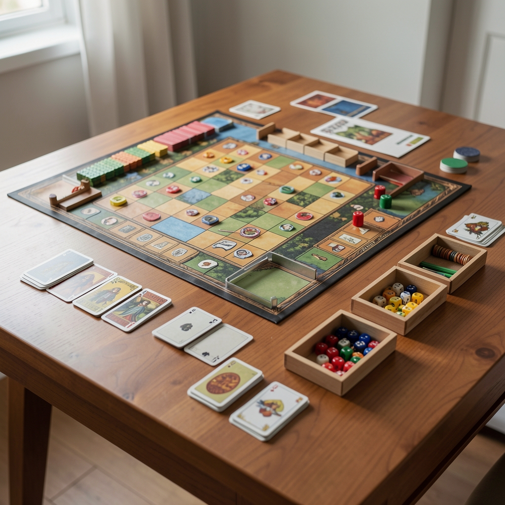 Mesa de juego con tablero, cartas, dados y separadores de componentes cuidadosamente clasificados