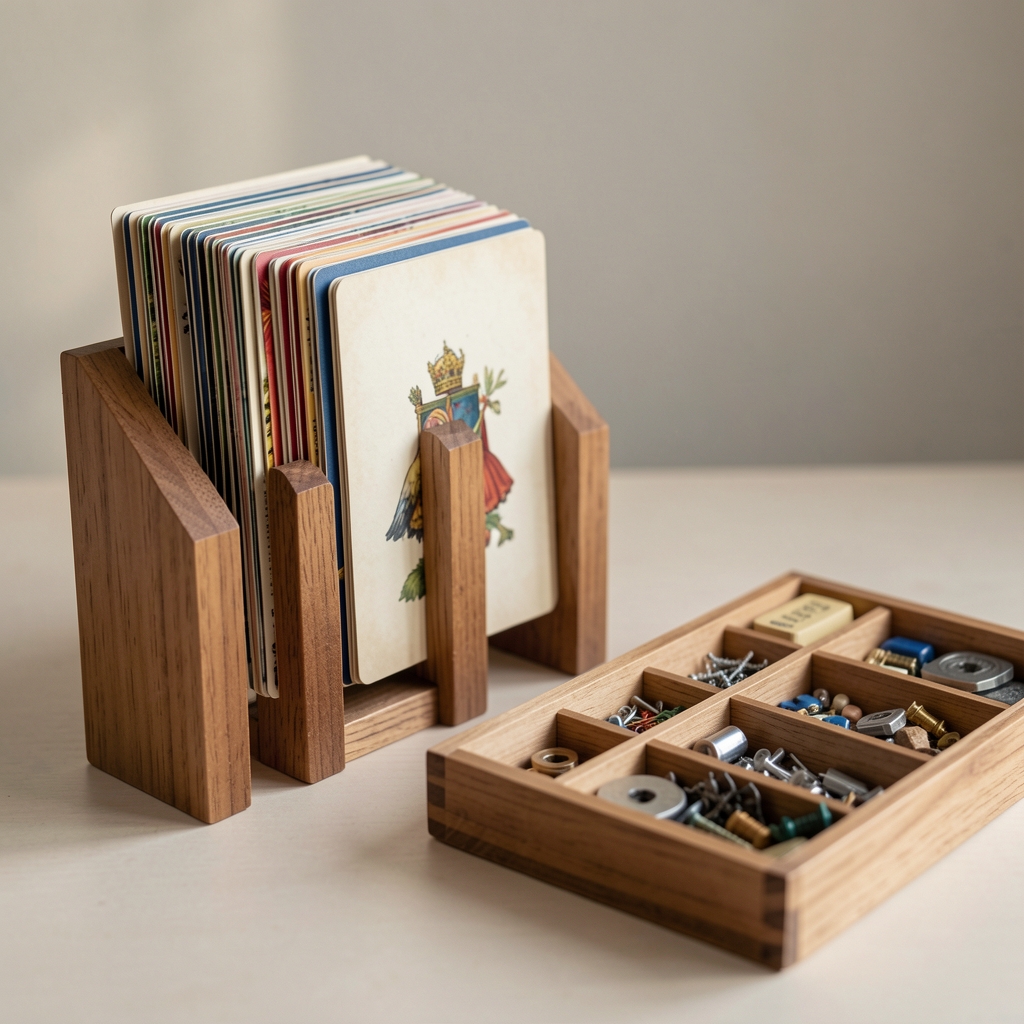 Soportes de cartas de madera junto a cartas verticales y una bandeja de componentes