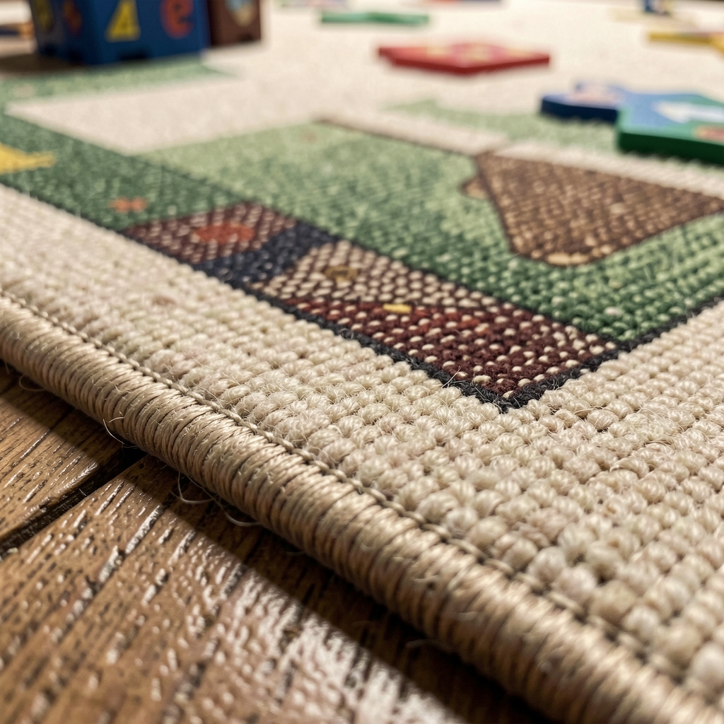 Detalle de textura textil y borde cosido de un tapete para juegos de mesa