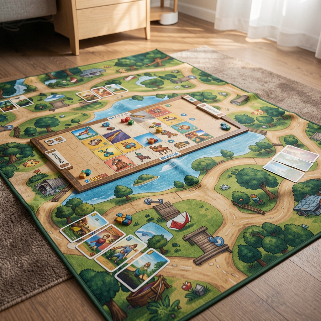 Tapete textil de juego extendido con tablero y cartas sin manos ni personas